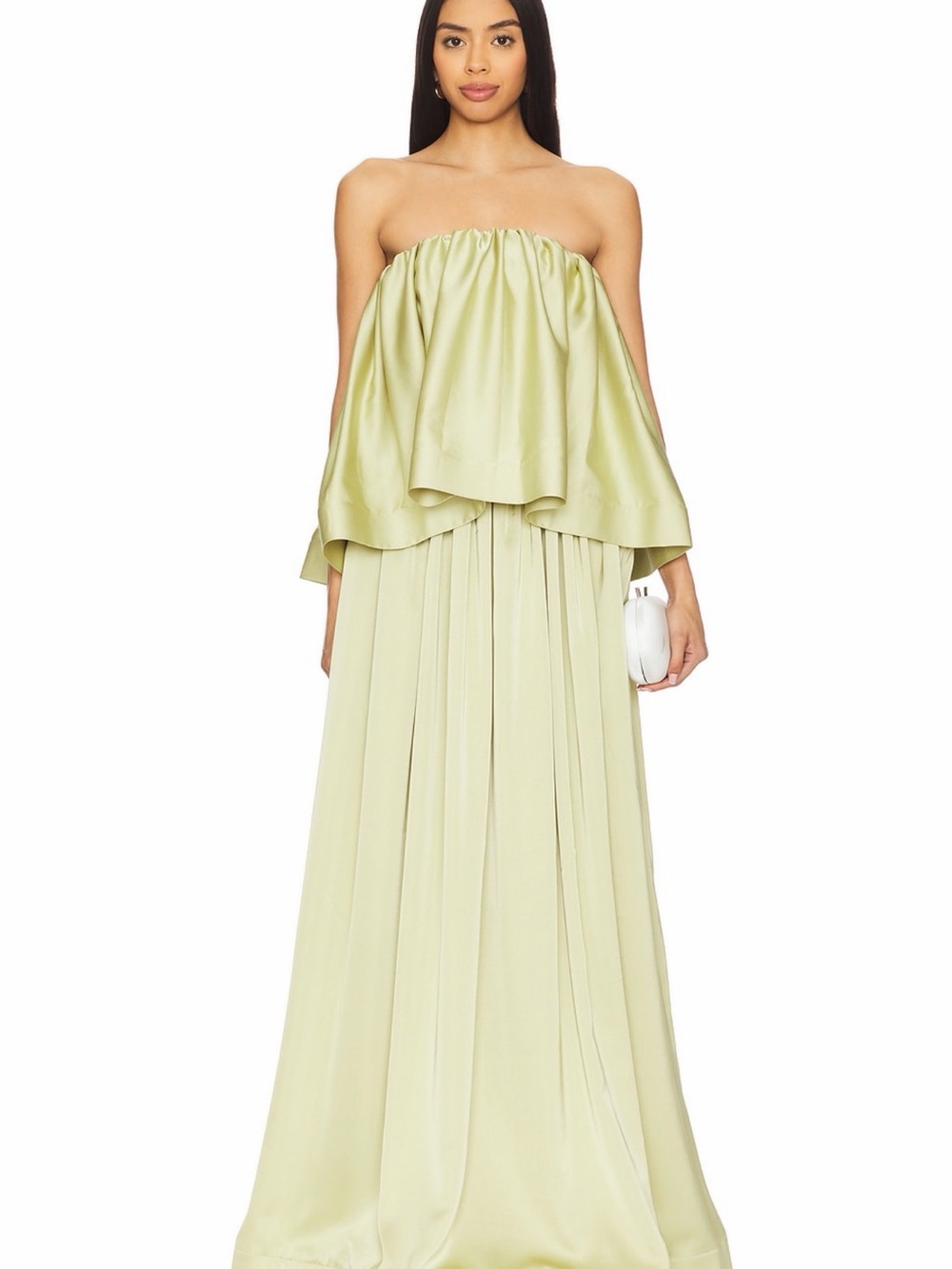 Strapless Ruffled Satin Gown in Light Green